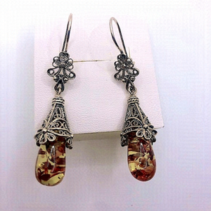 STERLING Filigree Reconstituted Amber Drop Earrings 2.1” Vintage